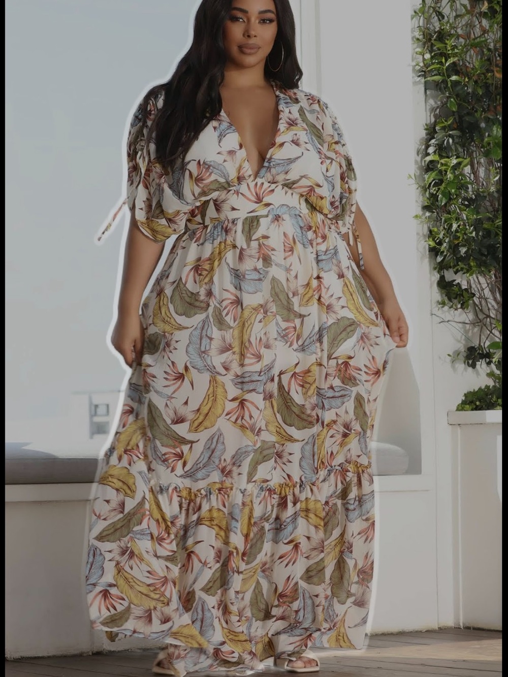 Fashion Nova White Maxi Dress with Multicolor Leaf Print
